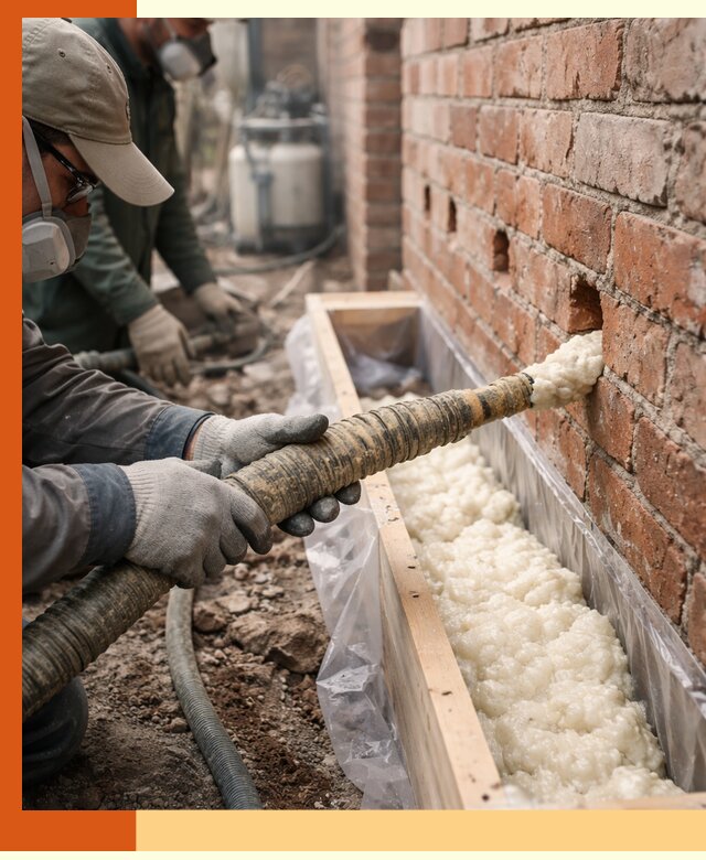 Заливка ППУ в пустоты кирпичной стены в Россоши