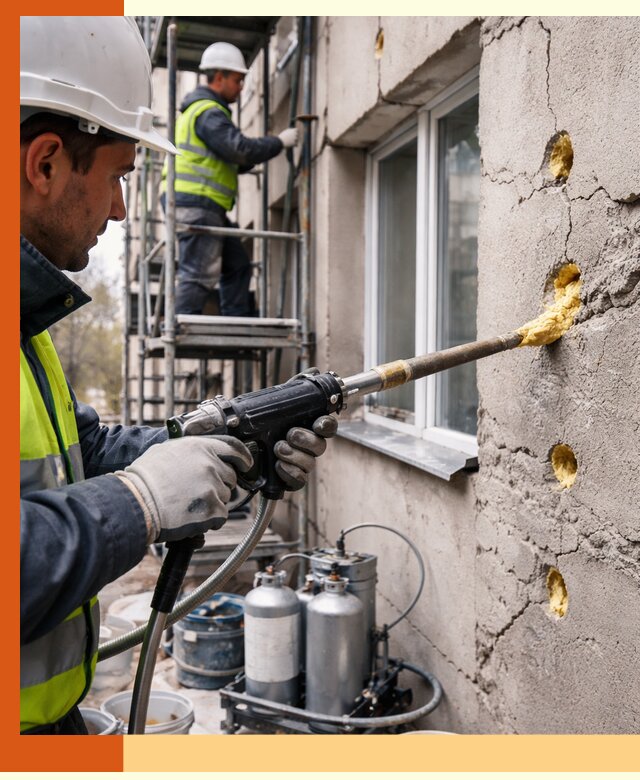 Заполнение пустот в фасаде и утепление стен в Россоши