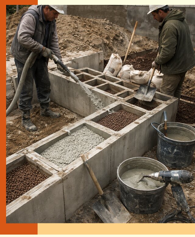 Заполнение полостей фундамента в Россоши герметичным утеплением и повышением прочности